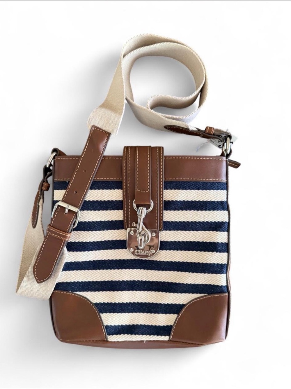 Chaps Navy/Cream Striped Crossbody Bag Brown Trim (Ralph Lauren Legacy Brand)